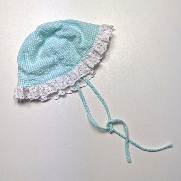 Vintage Sunhat Girls Size 12-18m Blue Gingham Seersucker Lace - Picture 1 of 3